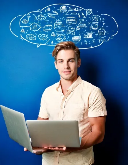 AI genererad man i vit t-shirt, och med två laptops och blå bakgrund. Adobe Firefly/Janni Lundqvist Vedam