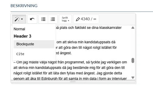 Skärmbild av texteditor i PIM med alternativ för Blockquote. 