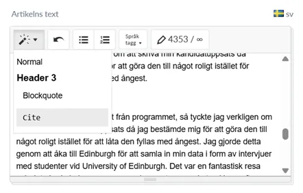 Skärmbild av formateringsmöjlighet för Cite i PIM. 