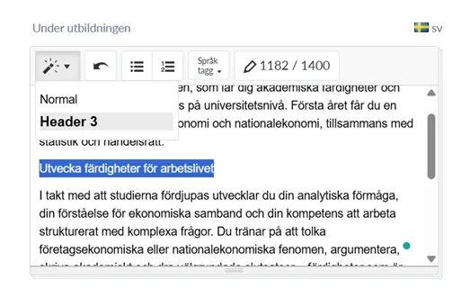 Skärmbild av formatering av underrubrik i PIM-systemet. 